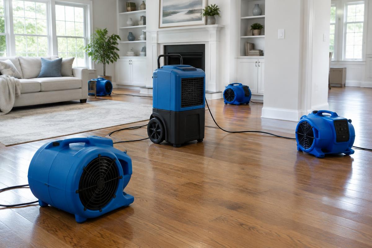 Commercial dehumidifiers and air movers positioned for structural drying